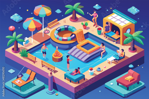 Isometric flat design showing a pool filled with people enjoying a pool party, Pool party Customizable Isometric Illustration