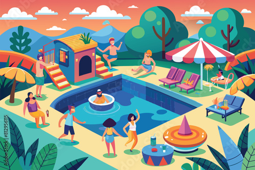 Diverse group of individuals standing around a pool, socializing and enjoying a pool party, Pool party Customizable Semi Flat Illustration