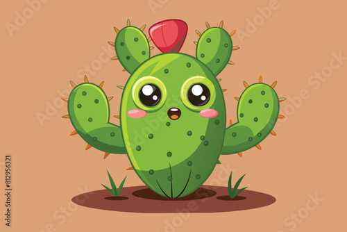 Cartoon illustration of a green prickly pear cactus with a red hat on its head, Prickly pear cactus Customizable Cartoon Illustration