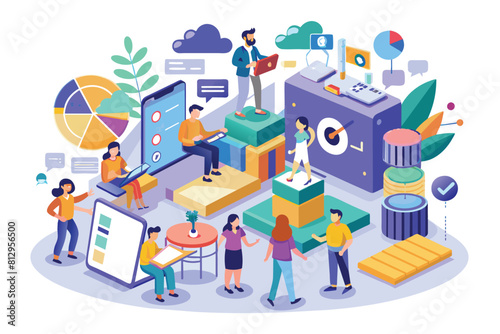 Various individuals gathered around a large box, showing curiosity and anticipation, Project stages Customizable Flat Illustration