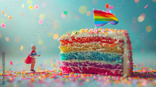 A delicious slice of cake decorated with rainbow sprinkles and a small figurine of a person with a non-binary pride flag cape, on a background of light blue. photo