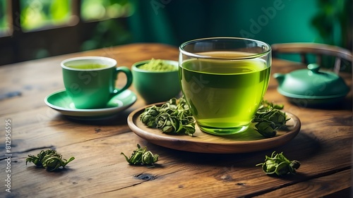 A wooden table with a cup of green tea.