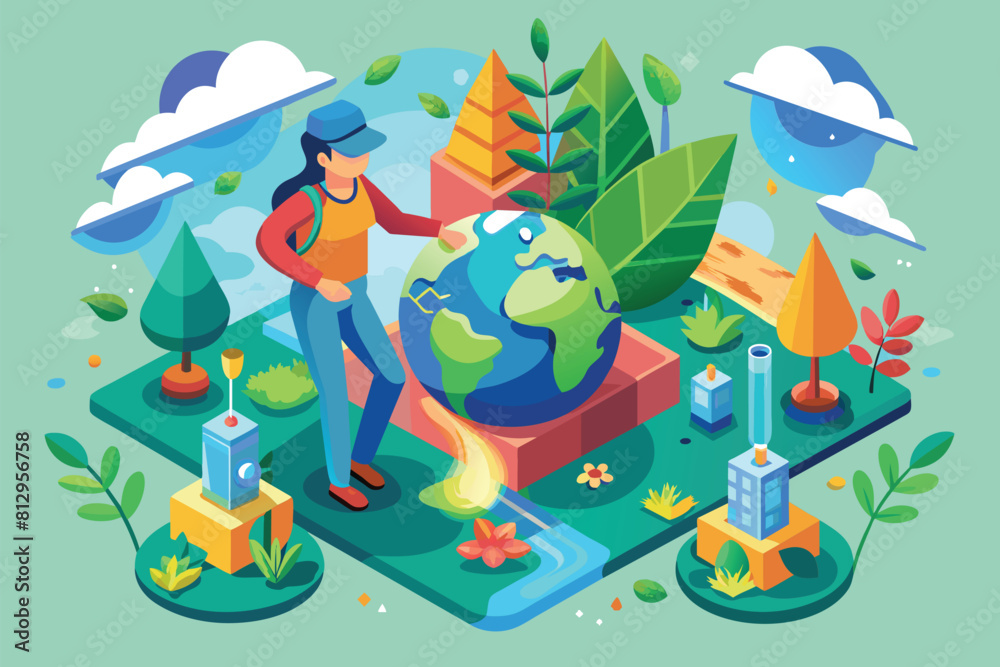 Fototapeta premium A man stands on top of a field covered in vibrant green grass, Protecting the environment Customizable Isometric Illustration