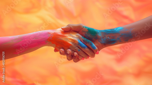 A pair of hands, one painted with the colors of the lesbian pride flag and the other with the colors of the transgender pride flag, clasped together in a symbol of unity, on a backdrop of soft peach. photo