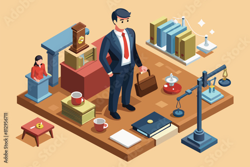 A man standing in front of a scale with a weight on it, measuring his weight, Prosecutor Customizable Isometric Illustration