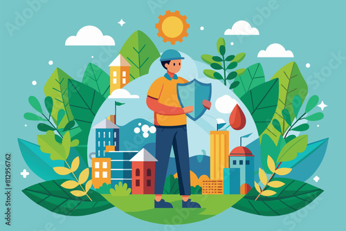 A man stands in front of a cityscape, encircled by trees, Protecting the environment Customizable Semi Flat Illustration