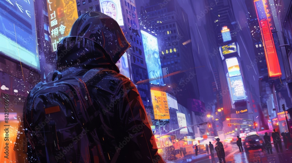 A man wearing a backpack is walking down a city street at night A man wearing a backpack is walking down a city street at night