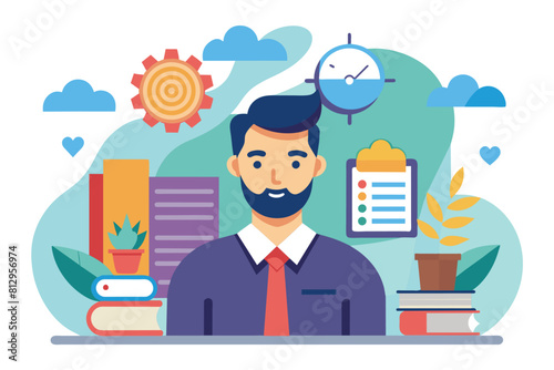 A bearded man stands in front of a desk adorned with books and a clock, Psychologist Customizable Flat Illustration