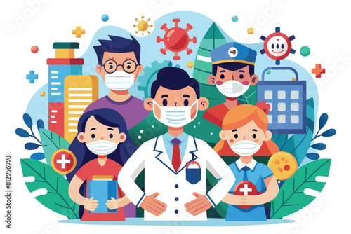 Crowd of individuals wearing protective face masks in a public health setting, Public health Customizable Cartoon Illustration