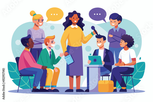 Diverse group of individuals engaged in conversation while seated at a table in a public setting, Public talk Customizable Disproportionate Illustration