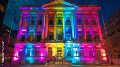  colorful light display on the facade of a historic building.