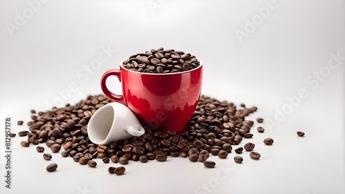 A white background features a crimson coffee cup with coffee beans strewn all around it.