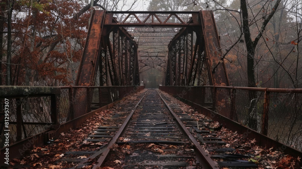 A bridge with a train track and a lot of leaves on the ground A bridge with a train track and a lot of leaves on the ground
