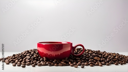 A white background features a crimson coffee cup with coffee beans strewn all around it. photo