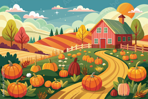 A painting depicting a country road lined with pumpkins, Pumpkin patch Customizable Semi Flat Illustration
