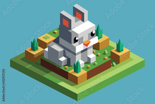 A rabbit standing in lush green grass, Rabbit Customizable Isometric Illustration