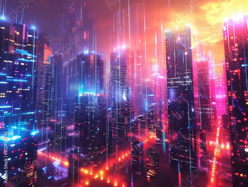 A cityscape with neon lights and a bright orange sky