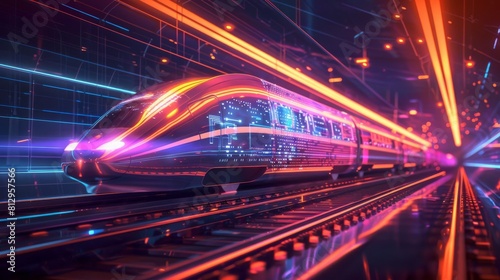 A train is traveling down a track with neon lights surrounding it