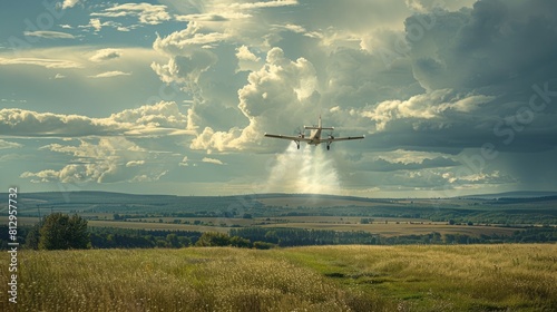 Cloud Seeding Plane Flying Over Rural Landscape, Dispersing Reagents into Atmosphere