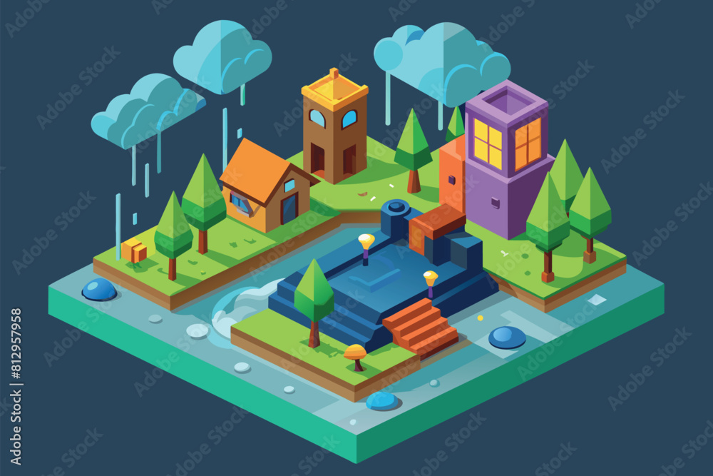 Geometric low polygonal rendering of a park with trees, benches, and a walking path under a cloudy sky, Raining Customizable Isometric Illustration
