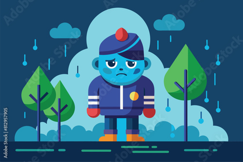 A cartoon character standing under the rain, getting wet while looking up at the sky, Raining Customizable Disproportionate Illustration
