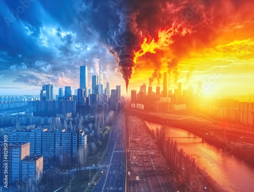 The image shows a cityscape with skyscrapers under a dramatic sky  where one side is blue with clouds and the other side has fiery orange hues