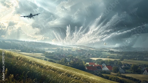 Cloud Seeding Plane Flying Over Rural Landscape, Dispersing Reagents into Atmosphere © Татьяна Креминская