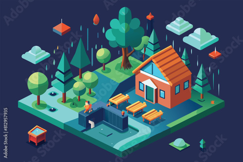 A house stands surrounded by dense forest trees  creating a secluded setting in nature  Raining Customizable Isometric Illustration