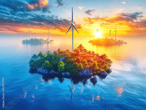 view of wind turbines on the ocean during a vibrant sunset. The turbines stand tall against the colorful sky, with one positioned on a lush, green island. photo