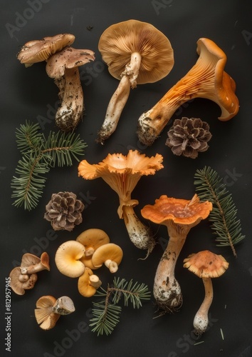 Photo of wild mushrooms on a black background. photo