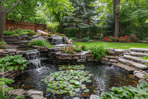 Elegant garden with stone retaining walls, lush greenery, and serene water feature. AI generated.