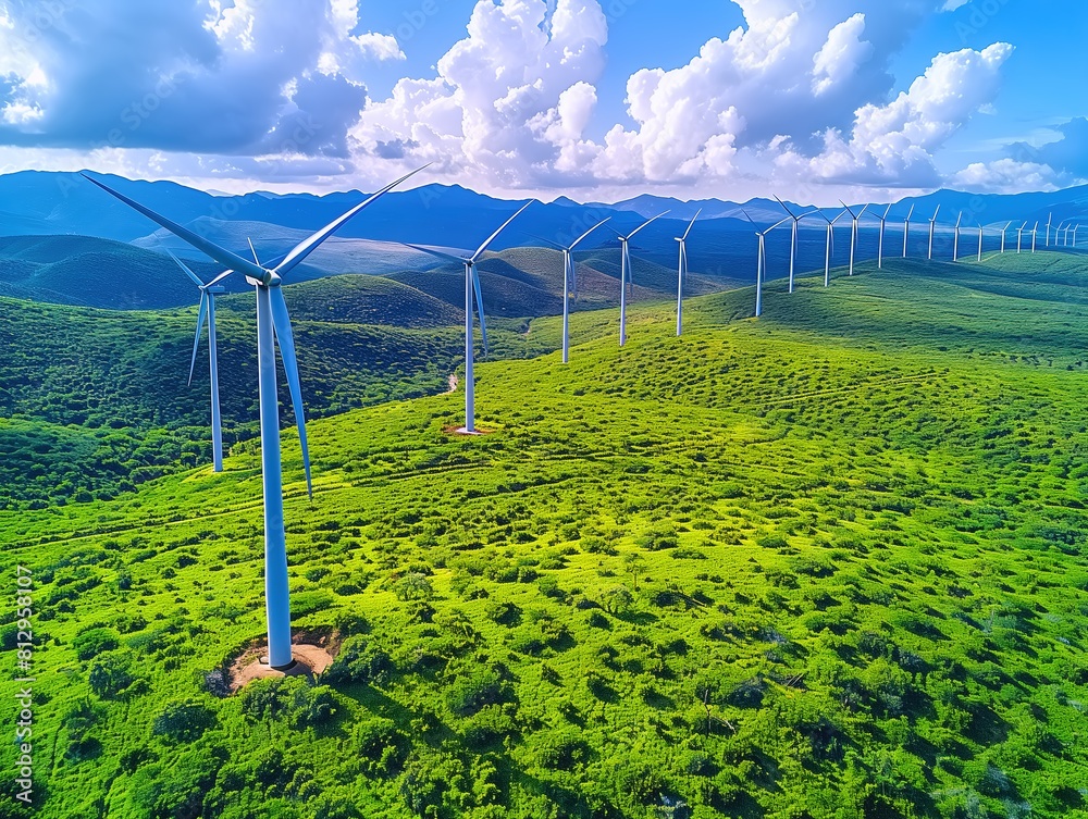 Wind farm with multiple turbines set against a lush green landscape under a clear blue sky with scattered clouds. It highlights renewable energy integration in natural surroundings. Wind farm with multiple turbines set against a lush green landscape under a clear blue sky with scattered clouds. It highlights renewable energy integration in natural surroundings.