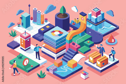 A group of individuals standing together, surrounded by a pile of books, Rebranding Customizable Isometric Illustration