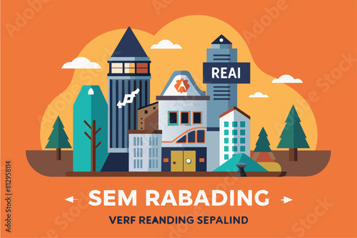 A building displaying a sign that reads SEM RABADING in bold letters, Rebranding Customizable Semi Flat Illustration