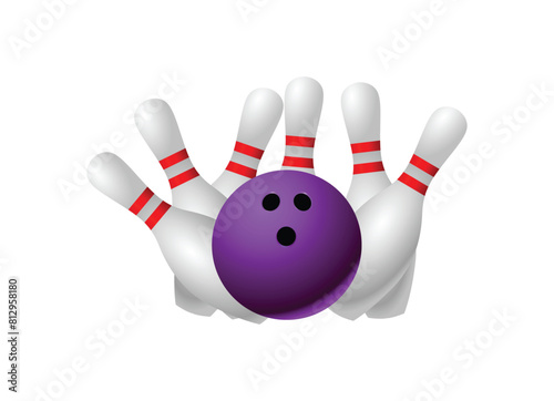 realistic Bowling ball game crashing into the pins. Illustration of bowling strike isolated on white background. stock illustration