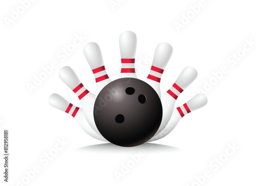 realistic Bowling ball game crashing into the pins. Illustration of bowling strike isolated on white background.