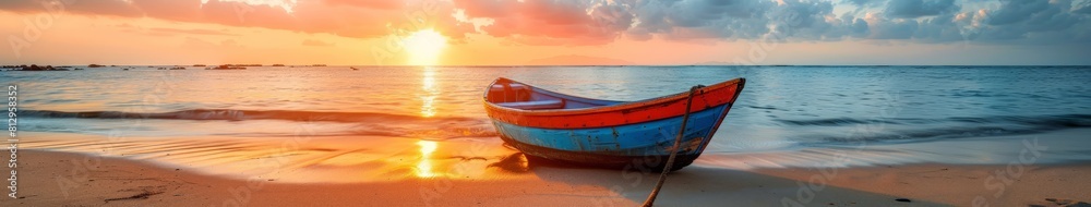 Fototapeta premium Boat Moored on Beach at Sunset