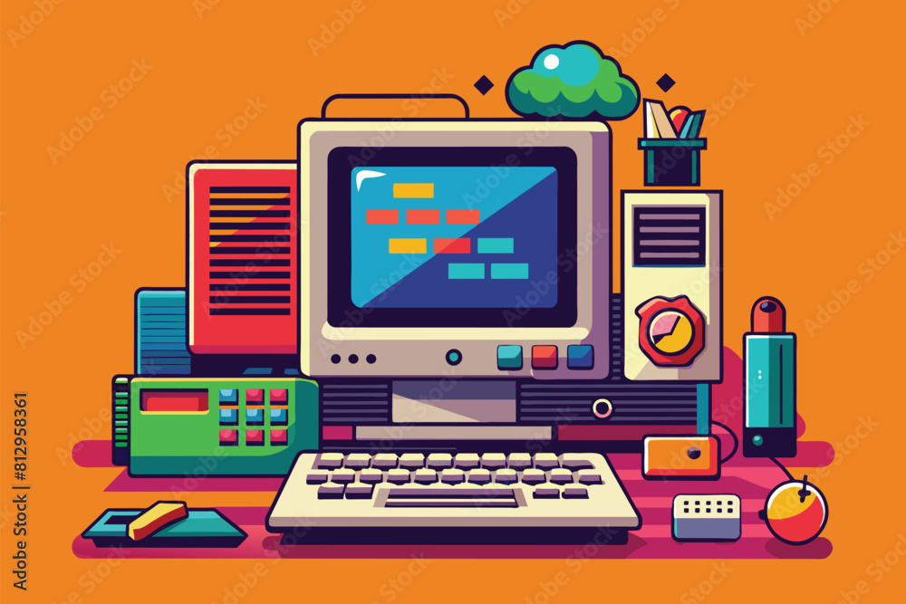 A retro desktop computer sitting on top of a desk, Retro computer Customizable Semi Flat Illustration A retro desktop computer sitting on top of a desk, Retro computer Customizable Semi Flat Illustration