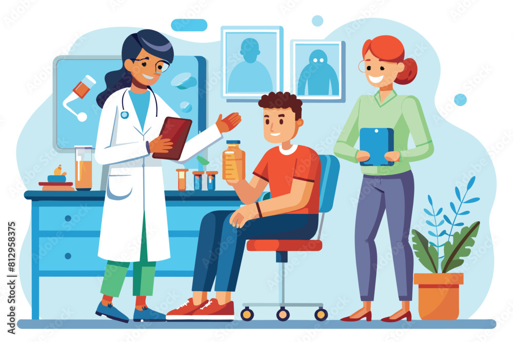 Doctor discussing with two individuals in a medical room, Rheumatology Customizable Cartoon Illustration Doctor discussing with two individuals in a medical room, Rheumatology Customizable Cartoon Illustration