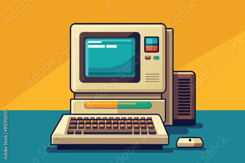Vintage computer setup showing an old computer with a keyboard and mouse on a desk, Retro computer Customizable Flat Illustration