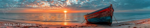 Fishing Boat on Beach at Sunset