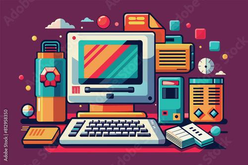A retro desktop computer is surrounded by different electronic devices in a customizable semi flat illustration, Retro computer Customizable Semi Flat Illustration