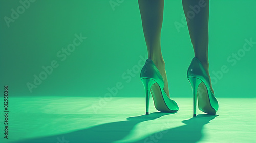 A pair of dancing shoes, one a high heel and one a flat, stepping in sync on a vibrant green background.