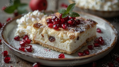 A plate with a piece of pastry pie with raisins  next to it lies cottage cheese sprinkled with pomegranate seeds.