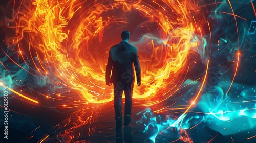 A futuristic businessman trapped in a high-tech version of corporate hell, surrounded by neon flames and digital demons