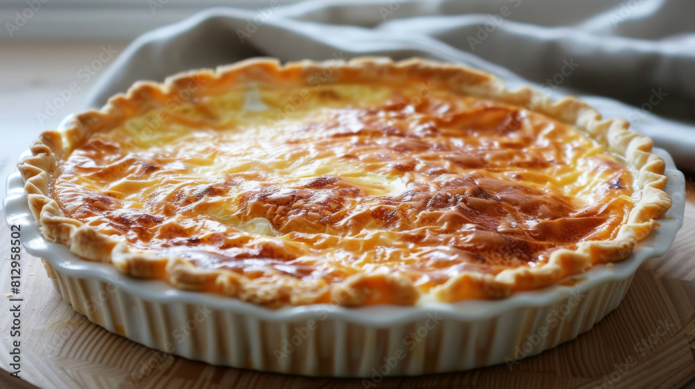 Delicious homemade quiche with a flaky crust and golden surface, presented on a wooden table beside a neutral-toned cloth Delicious homemade quiche with a flaky crust and golden surface, presented on a wooden table beside a neutral-toned cloth