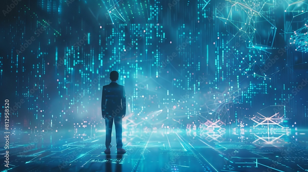 A futuristic businessman in a digital landscape, interacting with a floating virtual chart featuring dynamic graphs and data points A futuristic businessman in a digital landscape, interacting with a floating virtual chart featuring dynamic graphs and data points