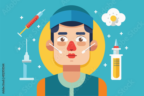A man with a cap on his head and a syringe balanced on his nose, Rhinoplasty Customizable Flat Illustration