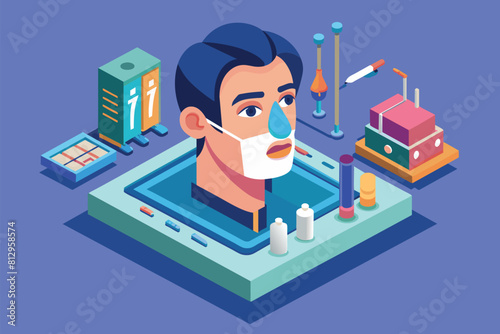 A man wearing a nose mask is focused on a tablet screen, Rhinoplasty Customizable Isometric Illustration