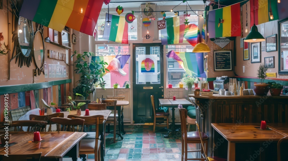 interior of a cafe with rainbow flags and other decorations. interior of a cafe with rainbow flags and other decorations.